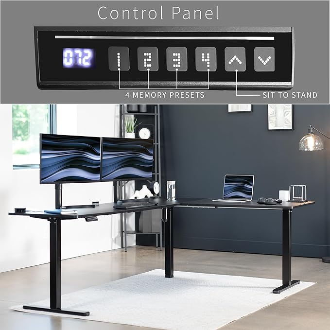 VIVO Corner Standing Desk, 84 x 63 inch Reversible L-Shaped Workstation, Electric Height Adjustment, Home, Office, and Reception Rooms, Black Table Top Black Frame, DESK-E3CTBB-84