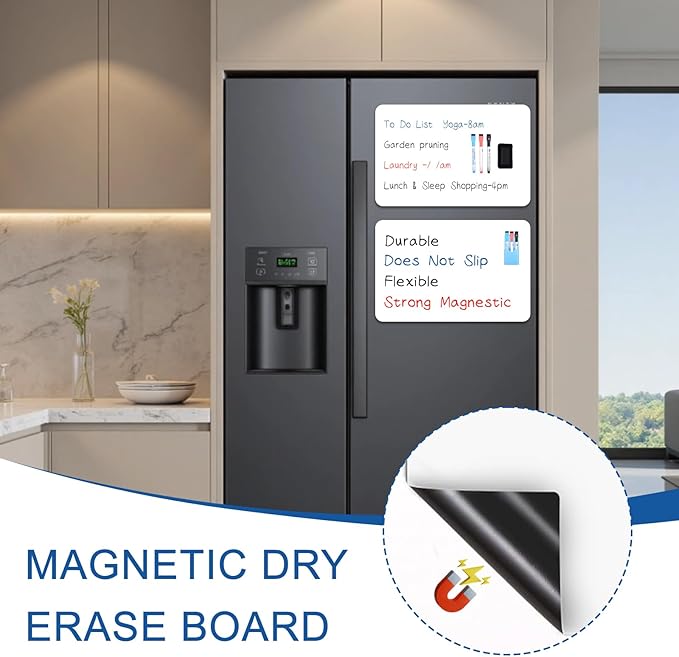 24x16 Inch Magnetic Refrigerator Whiteboard - Single Pack Flexible Dry Erase Memo Board with 6 Markers, Eraser & 1 Pen Holder, for Kitchen Office Home Notes Reminders Planning