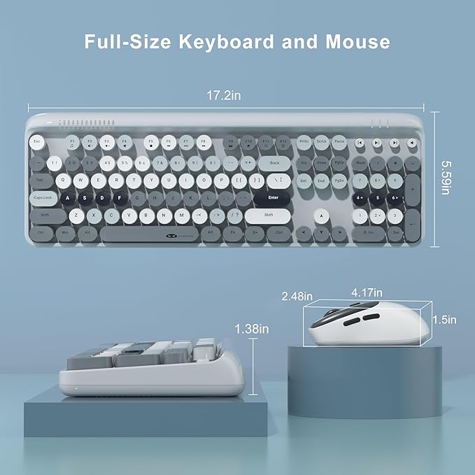 MageGee V920 Wireless Keyboard and Mouse Combo, 2.4G Full-Sized Retro Typewriter Keyboard with Round Keycaps & Auto-Sleep Mode, Cute Computer Keyboard and Cordless Optical Mouse for Laptop/PC (Gray)