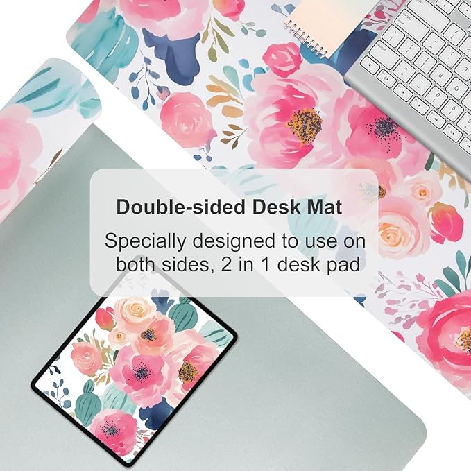 Colorful Star Large Mouse Pad, Pink Floral Desk Mat for Desktop, Women Girls Flowers PU Leather Waterproof Desk Pad, Computer PC Laptop Protector Gaming Mouse Pads for School Office Home 31.5" x 15.7"