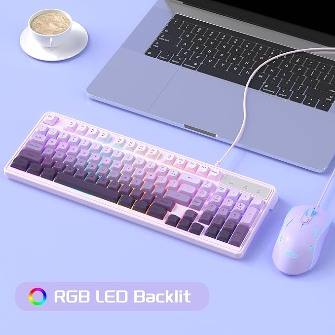 Camiysn Wire Gaming Keyboard, 7 Colorful Rainbow Backlight Classic Gaming Keyboard (Purple-Set)