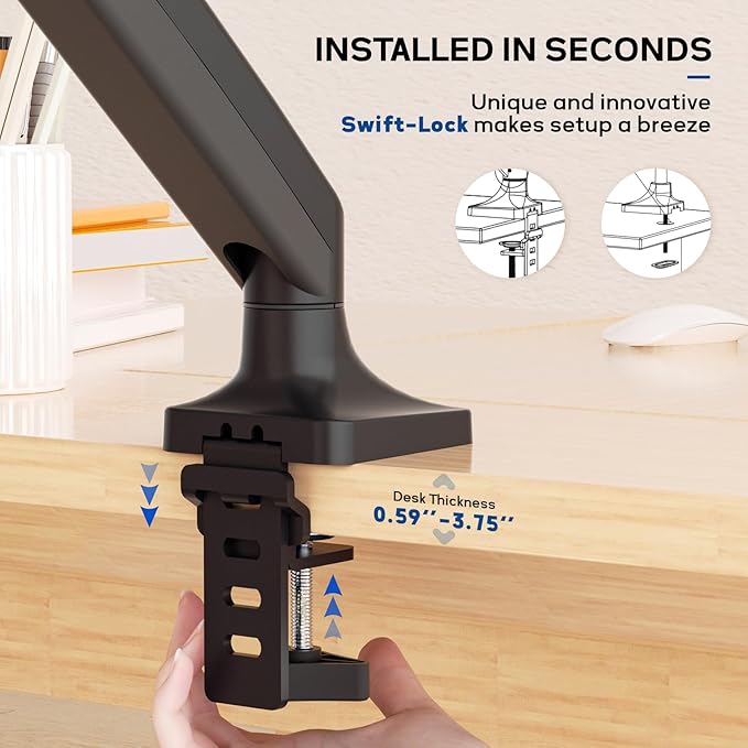 MEASUREMAN Premium Gas Spring Monitor Desk Mount, Full Motion Articulating Single Arm for Ergonomic Height Adjustment | Fits 17 to 35 Inch Screens up to 22 lbs, VESA 75x75 & 100x100mm