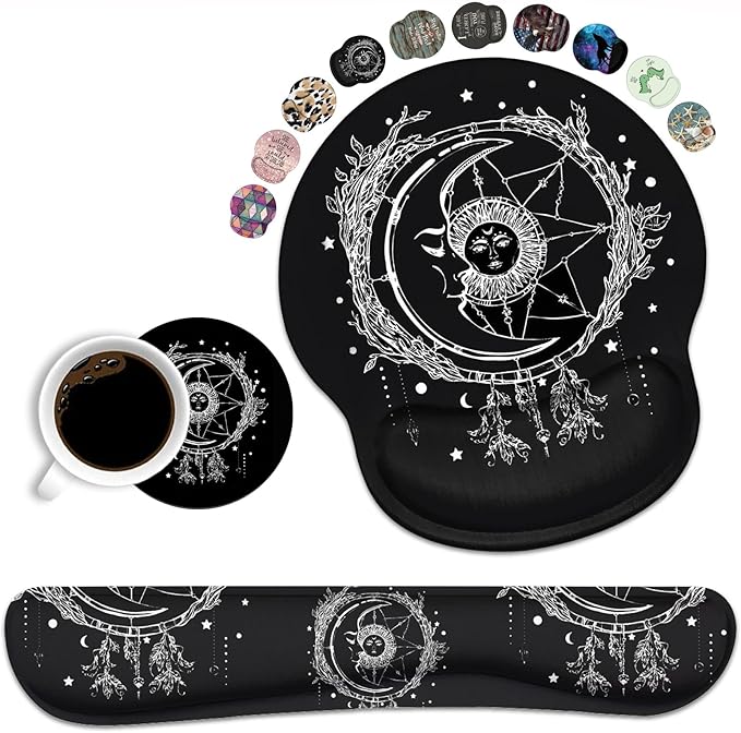 Keyboard Wrist Rest and Mouse Pad Wrist Support Set, Non-Slip PU Base, Easy Typing and Relieve Wrist Pain, Perfect for Home Office Working Studying, Celestial Theme Sun with Crescent Moon