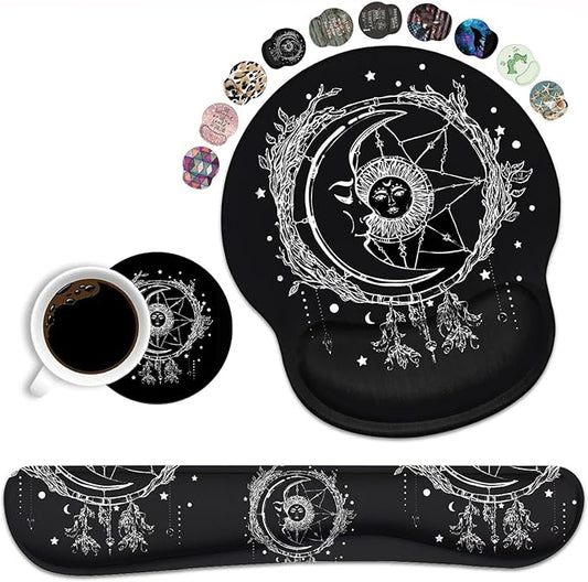 Keyboard Wrist Rest and Mouse Pad Wrist Support Set, Non-Slip PU Base, Easy Typing and Relieve Wrist Pain, Perfect for Home Office Working Studying, Celestial Theme Sun with Crescent Moon