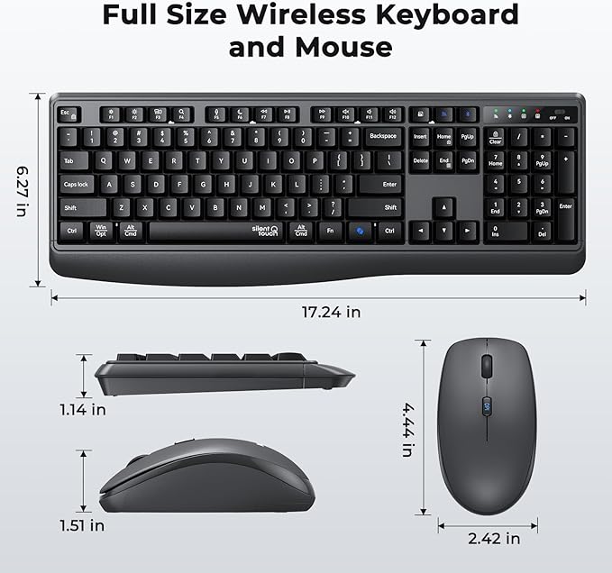 Wireless Keyboard and Mouse Combo, 2.4G/Bluetooth Silent Full-Size Cordless Keyboard Mouse Combo, 3800 DPI Optical Mouse, Wrist Rest, Portable Keyboard Mouse Set for Mac, Windows, Laptop