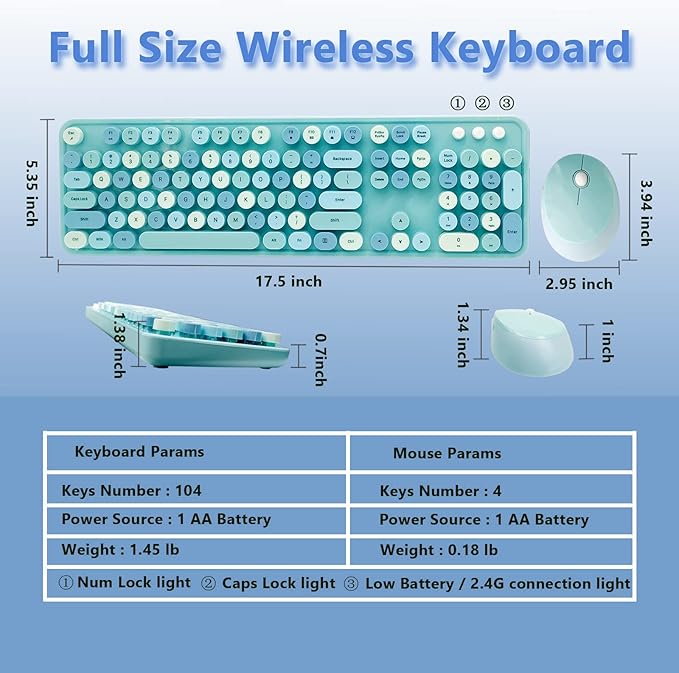 Wireless Keyboard and Mouse Combo, Ergonomic Cute Retro Typewriter Full Size Colorful USB Cordless Keyboard Mouse Set for Gaming and Office (Blue)