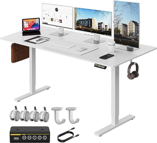 Large Electric Standing Desk,63x28 Inches Adjustable Height Stand up Desk, Sit Stand Home Office Desk, 3 Preset Heights,Equipped with Hooks,Ergonomic Computer Desk Workstation，White