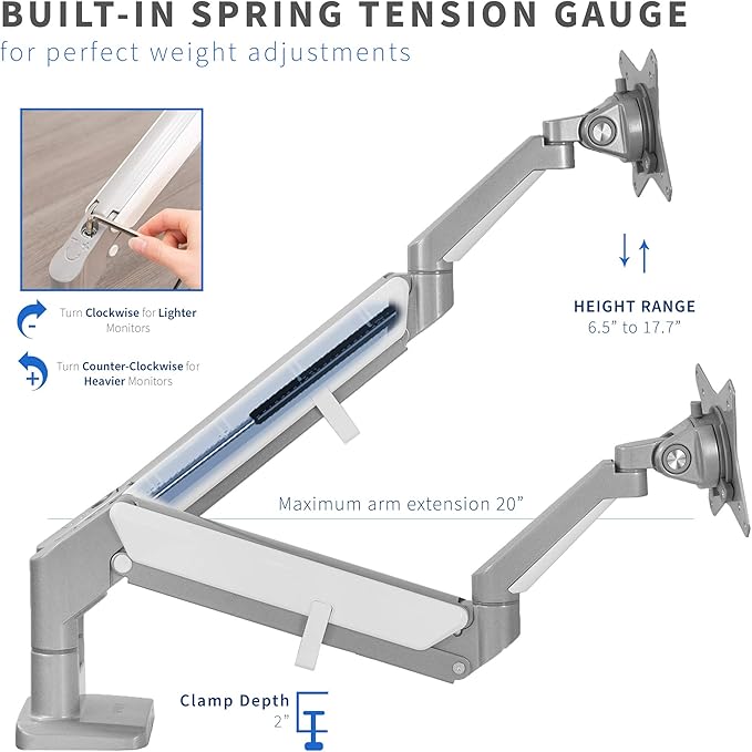 VIVO Space Saving Dual 17 to 32 inch Pneumatic Spring Arms, Aluminum Clamp-on Desk Mount Stand, Fits 2 Monitor Screens with Max VESA 100x100, Silver, STAND-V200A