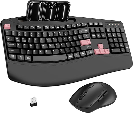 Wireless Keyboard and Mouse Combo, 2.4G Full Size Wave Keys Ergonomic Keyboard with Wrist Rest, Phone Holder, 3-Level DPI Wireless Silent Mouse with 6-Buttons, for Windows (Pink)