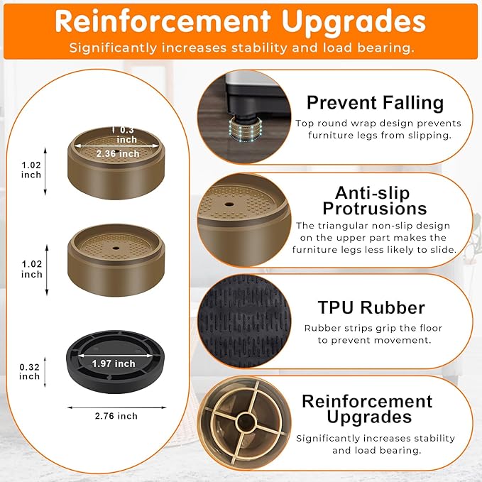 Furniture Risers Bed Risers Heavy Duty 1 inch, 2 inch, 3 inch, 4 inch Round Adjustable Bed Lifts Riser for Desk Legs Table Couch Sofa Chair Refrigerator Washing Machine (1+1+1 Inch, Brown, 4 Pack )