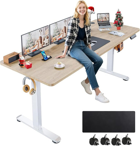 farexon Electric Standing Desk Adjustable Height, 71 x 28 Inch Sit Stand up Desk with Large Mouse Pad, Double Metal Hook,4 Wheels,4 Memory Preset Heights Home Office Computer Desk,Oak Grey