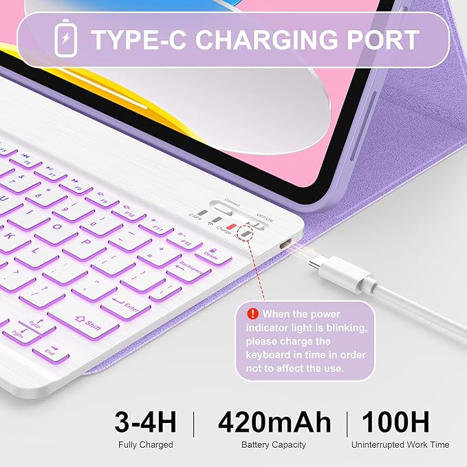 Soke for iPad (A16) 11th/10th Generation Case with Keyboard(2025/2022)-7 Color Backlight Wireless Detachable Folio Keyboard Cover with Built-in Pencil Holder for iPad 11/10.9 inch, Violet Marble