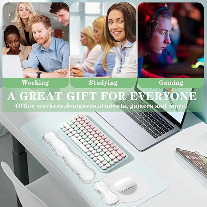 Wrist Rest for Keyboard- Ergonomic Gel Keyboard Wrist Rest and Mouse Pad Set, Non-Slip PU Base for Office, Laptop & Gaming - Clear White