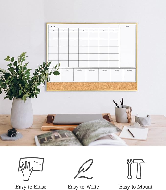 4-in-1 Dry Erase Calendar for Wall with Golden Aluminum Frame, 17x13 inches Magnetic Monthly & Weekly Planner Whiteboard, Cork Board Combo, Hanging White Board for Decor/Memo(4H1-Gold,4333)
