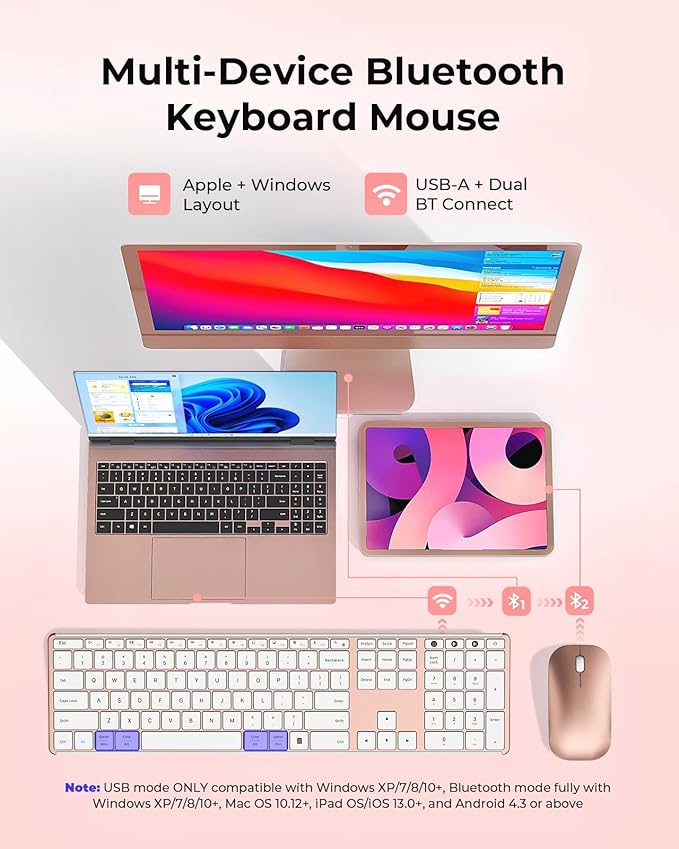 seenda Wireless Bluetooth Keyboard and Mouse Combo, SKM64-3 Rechargeable Slim Quiet Keyboard Mouse, 3 Multi-Device Connection, Compatible for Windows, Mac, MacBook, iPad, Tablet, White Rose Gold