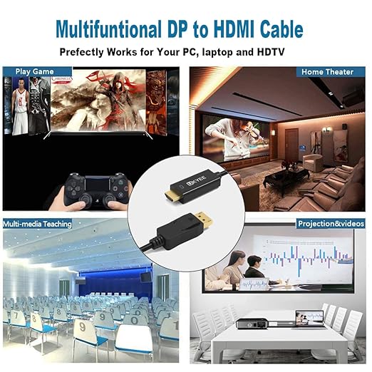 4K Displayport to HDMI Cable 6FT 2-Pack, Display Port (DP) to HDMI Adapter 6FT Male to Male Cord Converter for PCs to HDTV, Monitor, Projector.