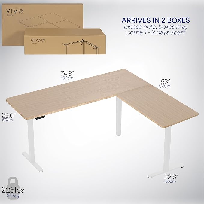 VIVO Corner Standing Desk, 75 x 63 inch Reversible L-Shaped Workstation, Electric Height Adjustment, Home, Office, and Reception Rooms, Real Bamboo Table Top White Frame, DESK-E3CTWO-75
