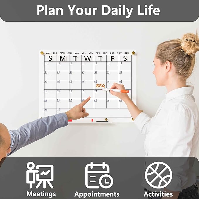 Acrylic Dry Erase Calendar Whiteboard for Wall, 16"x12" Clear Monthly Planner White Board, w/ 4 Colors Markers