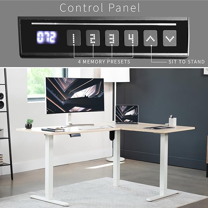 VIVO Corner Standing Desk, 63 x 47 inch Reversible L-Shaped Workstation, Electric Height Adjustment, Home, Office, and Reception Rooms, Light Wood Table Top White Frame, DESK-E3CTWC-47