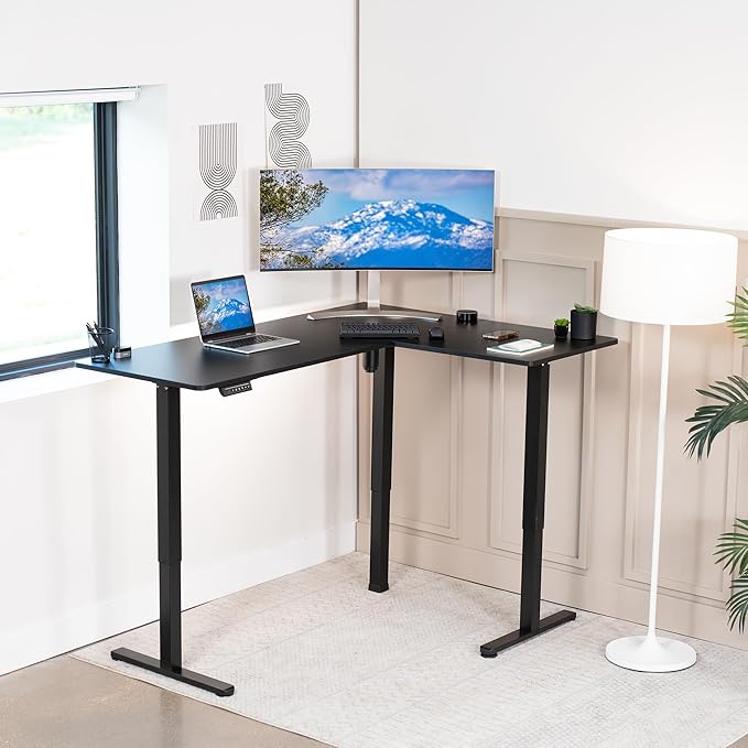 VIVO Corner Standing Desk, 63 x 47 inch Reversible L-Shaped Workstation, Electric Height Adjustment, Home, Office, and Reception Rooms, Black Table Top Black Frame, DESK-E3CTB-47