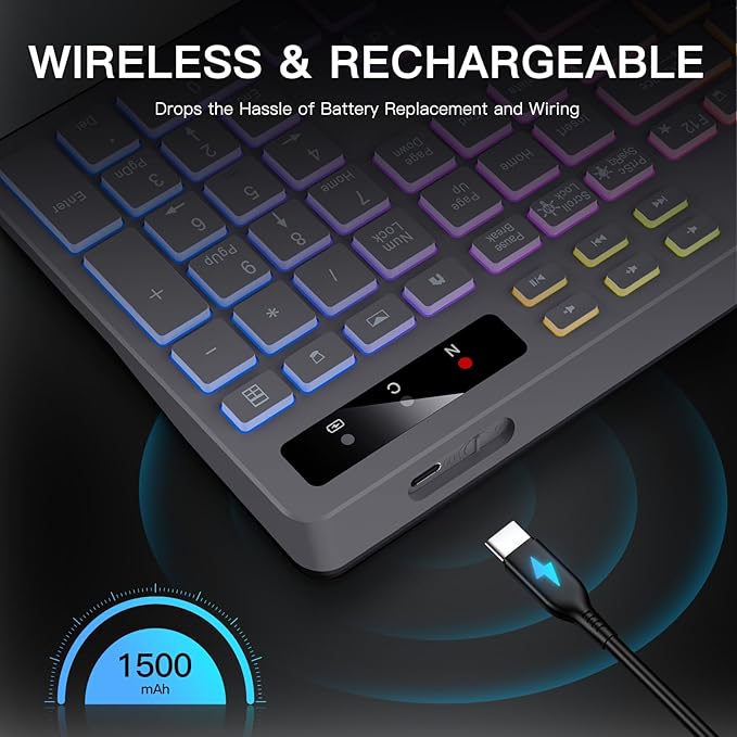 Wireless Keyboard with 7-Color RGB Backlit, Full-Size Computer Keyboard with Phone Tablet Holder, 2.4G Rechargeable Gaming Keyboard with Light Up Keys, Compatible with Mac, Windows (Grey)