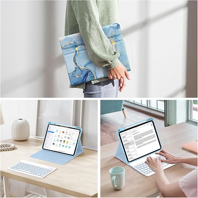 Soke for iPad (A16) 11th/10th Generation Case with Keyboard(2025/2022)-7 Color Backlight Wireless Detachable Folio Keyboard Cover with Built-in Pencil Holder for iPad 11/10.9 inch, Ice Blue Marble