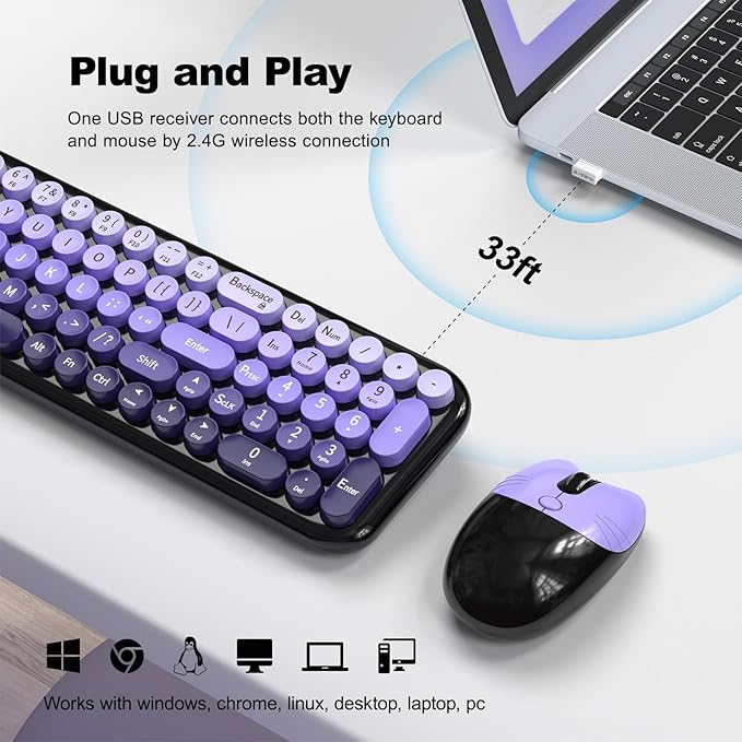Wireless Keyboard and Mouse Combo, MOWUX Compact Typewriter Retro Round Computer Keyboard, Cute Optical Mouse Wireless, Plug and Play, for Laptop, PC, Computer- Black Purple Gradient