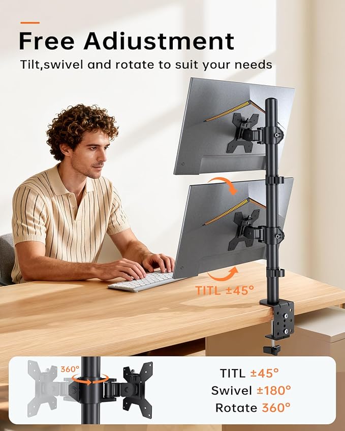 Dual Monitor Stand for 13-27'' Monitors, Vertical Stack Screen Free-Standing Monitor Riser with Swivel, Tilt, Height Adjustable, Holds One (1) Screen Up to 35Lbs, 75x75/100x100 VESA, C-Clamp