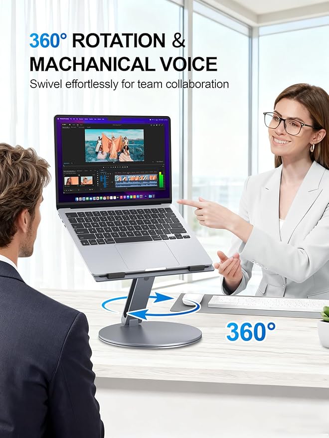 Adjustable Laptop Stand for Desk - 360° Rotating Ergonomic Riser with Aluminum Cooling Vents & Sturdy Construction for 10-16 Inch MacBook Pro/Air, Foldable Portable for Office & Home - Gray