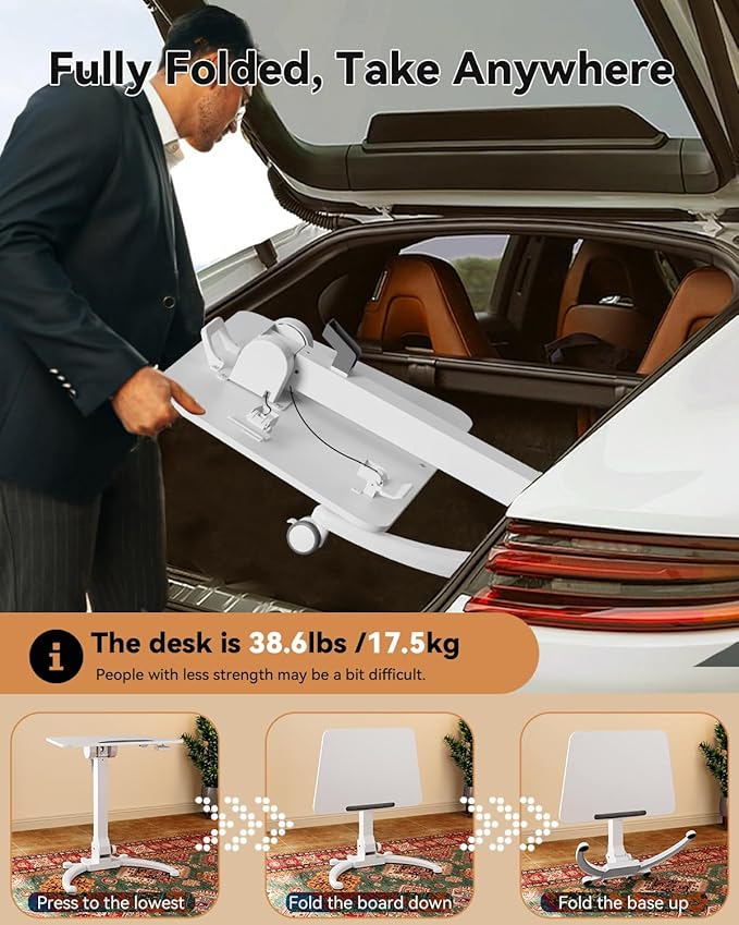 JOY worker Foldable Mobile Standing Desk, Upgraded Height Adjustable Rolling Desk, Max Height 47.6", 90° Tiltable Board & Base, Portable Workstation with Moveable Wheels, Holds Up to 22lbs, White