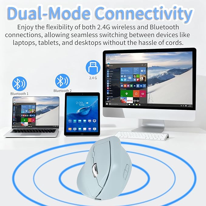 Bluetooth Wireless Vertical Mouse - Ergonomic Design, Rechargeable with Type-C, Silent Operation for Office and Home Use, Ideal for Professionals & Students (Green)