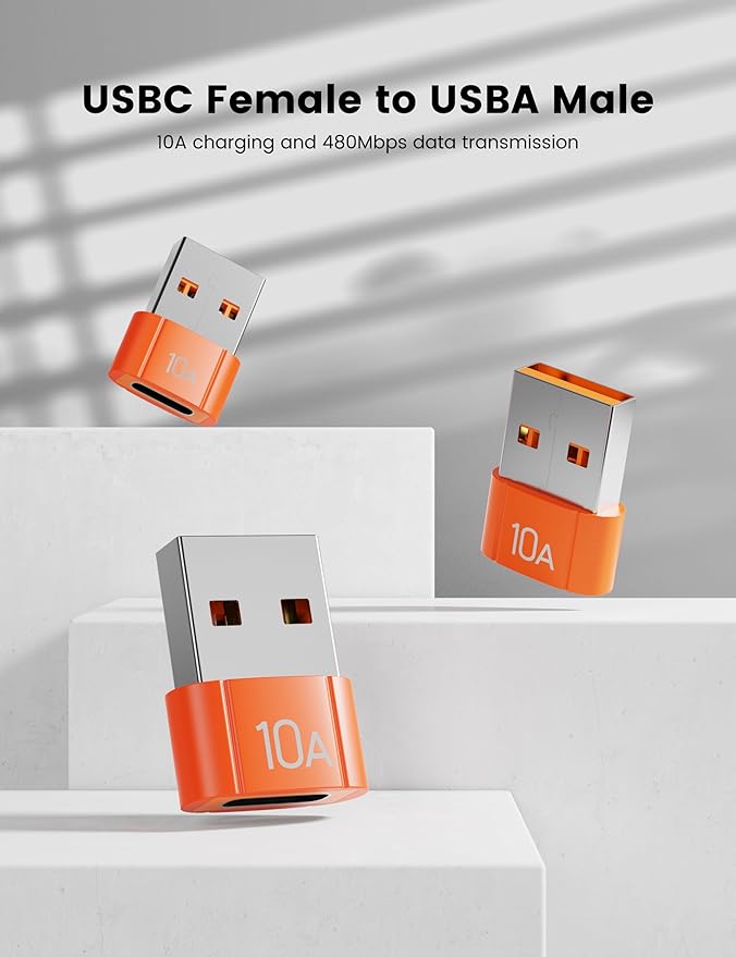 10Pack 200W USB C to USB Adapter, with Fast Charging & 480MB Data Transfer, USB C Converter for Apple Watch Ultra iWatch Series 8 7,iPhone 16 15 Plus Pro Max,Orange