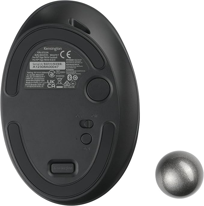 Kensington TB550 Wireless Trackball Mouse, Thumb Operated, Rechargeable, Ergonomic Design (K72196WW), Black