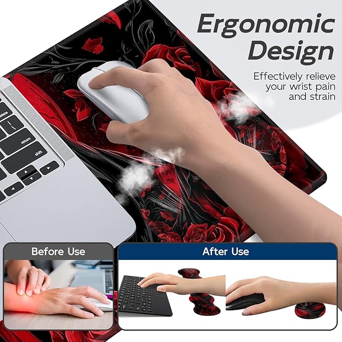 Gaming Mouse Pad Set, Red Rose Skull Large Desk Mat Mousepad, Keyboard Wrist Support, Mouse Wrist Rest, Coaster 4in1 Ergonomic Memory Foam, Non-Slip Stitched Edge for Home Office