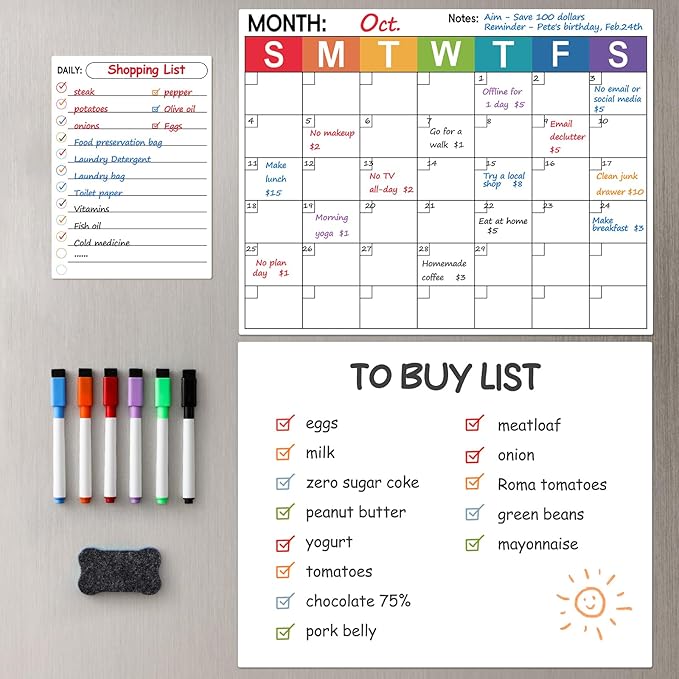 3 Pack Dry Erase Magnetic Calendar for Refrigerator - Monthly & Blank & Daily Planner Magnet Whiteboard for Fridge Wall - Shopping, Meal/Menu, to Do List, Family Schedule Planning Board (9CO-3RIKO)
