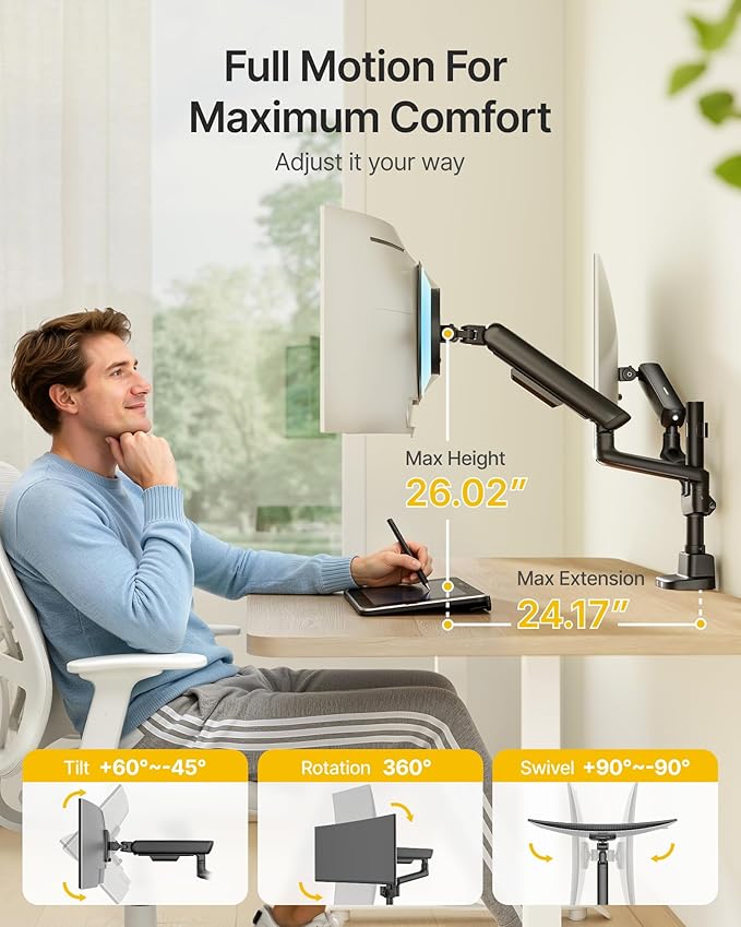 monTEK Dual Tall Monitor Arm with USB, Mechanical Spring Monitor Arm for 17-35" Screens, Adjustable Monitors Desk Mount Each Holds up to 24.2 lbs with C Clamp/Grommet, VESA 75/100mm