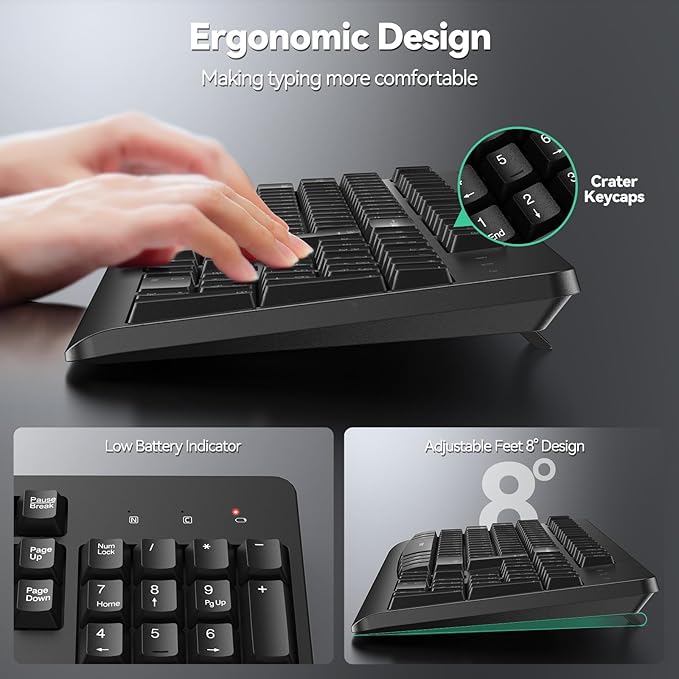TECKNET Wireless Keyboard and Mouse Combo, Full-Size Ergonomic Keyboard & Optical Mouse, Low-Noise Typing & Clicking,Long Battery Life,Spill-Resistant,2.4G Lag-Free USB Receiver for PC,Laptop,Computer