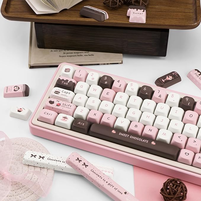 PBT Keycaps 145 Keys, Dye Sublimation PBT Custom Keycap Set, Pink Chocolate Keycaps, Cute Key Cap FOA Profile Keyboard Keycap Set for Cherry Gateron MX Switches Mechanical Keyboard