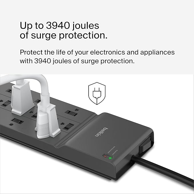 Belkin Power Strip Surge Protector with 8 Outlets, 6 ft Long Flat Plug Heavy Duty Extension Cord + Overload Protection for Home, Office, Travel, Compuer Desktop & Phone Charging Brick (3,550 Joules)