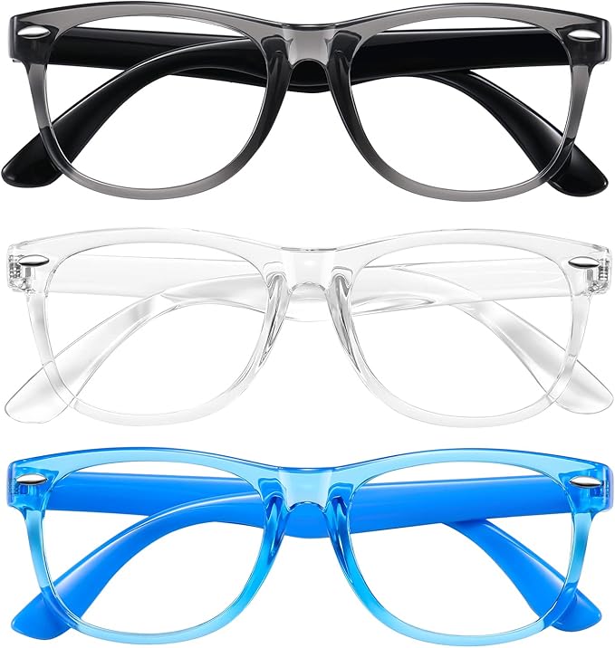 Okany Blue Light Glasses for Kids 3 Pack Blue Light Blocking Glasses for Teen Boys Girls Age 3-10,Computer Screen Gaming TV Phone Glasses Anti Glare,UV & Eye Strain (Grey Black+Transparent+Blue)