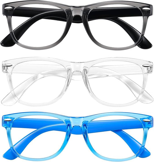 Okany Blue Light Glasses for Kids 3 Pack Blue Light Blocking Glasses for Teen Boys Girls Age 3-10,Computer Screen Gaming TV Phone Glasses Anti Glare,UV & Eye Strain (Grey Black+Transparent+Blue)