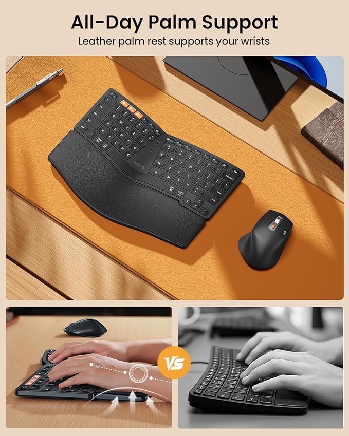ProtoArc Bluetooth Ergonomic Keyboard Mouse, EKM04 Mini Compact Wireless Ergo Keyboard Mouse Combo, Split Design, Wrist Rest, Multi-Device, Rechargeable, for Windows/Mac - Black