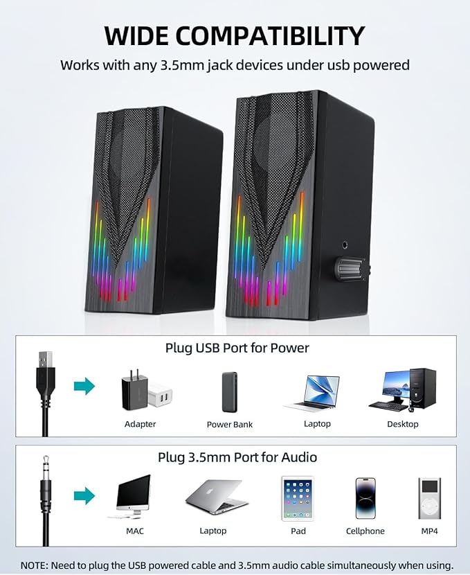 Computer Speakers with 6 Colorful RGB Lights,USB Powered 3.5mm Aux with Loud Stereo Sound,Headphone-in for Desktop,PC/Laptop/Tablet Phone