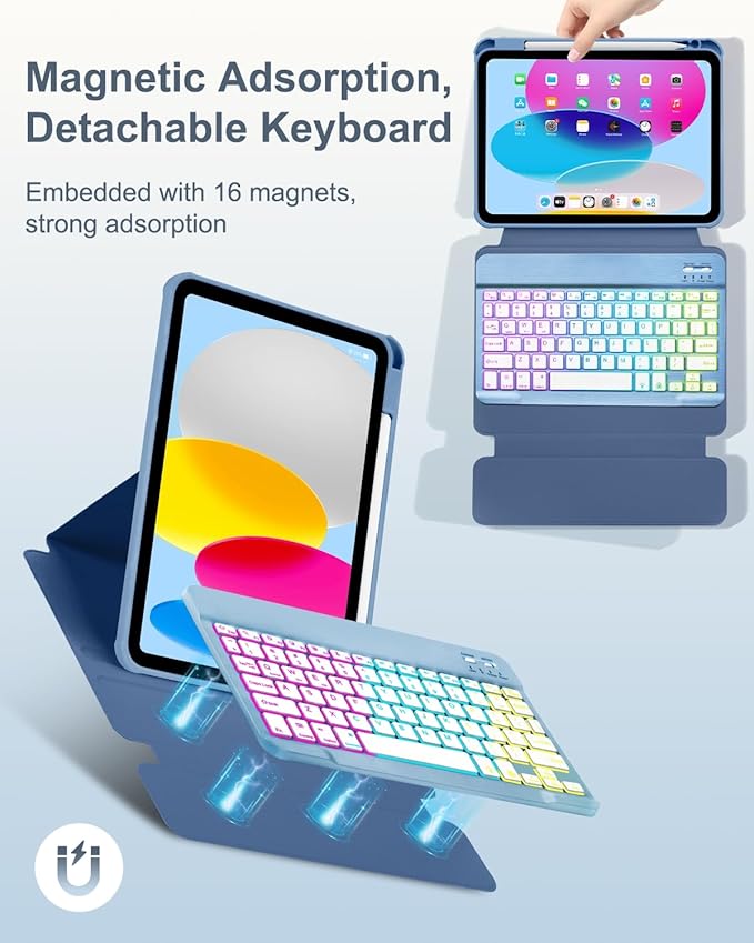 Case with Keyboard Mouse for iPad A16 11th 10th Generation 11/10.9 inch,Rainbow Backlit Detachable Keypad Rotatable Magnetic Cover with Pencil Holder for iPad 11 2025 10 Gen 2022 Blue