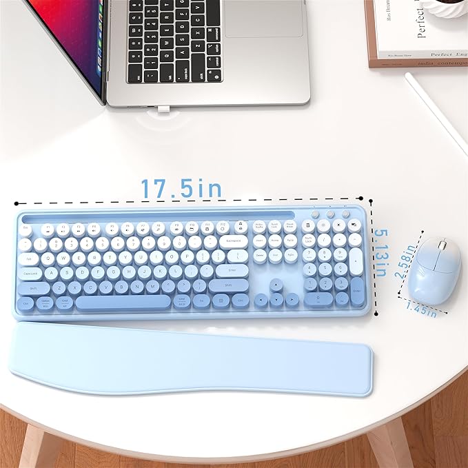 Colorful Wireless Computer Keyboard and Mouse Combo with Phone Holder, Wrist Rest, Typewriter Keys, 2.4GHz Wireless, Full-Sized Optical Mouse for PC and Laptop(Blue Colorful)