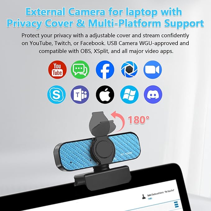 Webcam 1080p, Built-in Microphone/Privacy Cover, Plug and Play USB Computer Camera, Wide Angle, Streaming Web Camera for Desktop Computer/PC for Laptop Mac Zoom Conference(No Tripod)