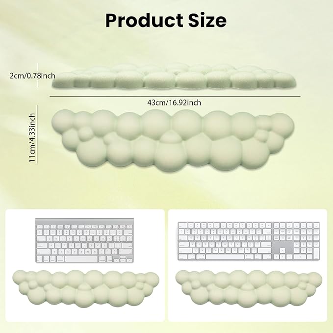 Ergonomic Memory Foam Cloud Keyboard Wrist Rest - Green Support for Laptop, Mac & PC, Non-Slip Silicone Base, Soft Wrist Pad for Gaming, Office, Carpal Tunnel Relief, for 60% 75% 80% 87 Key Keyboards