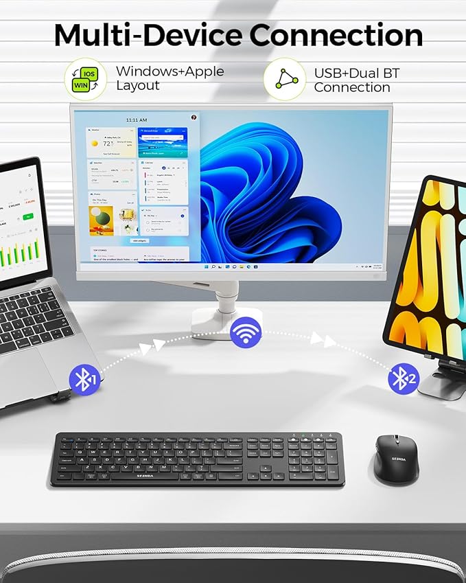 seenda Bluetooth Keyboard and Mouse Combo, COE300 Wireless Keyboard Mouse, 3 Multi-Device Connection Full Size Ultra-Slim Keyboard with Number Pad for Mac, Windows, Laptop, PC, iPad, Black
