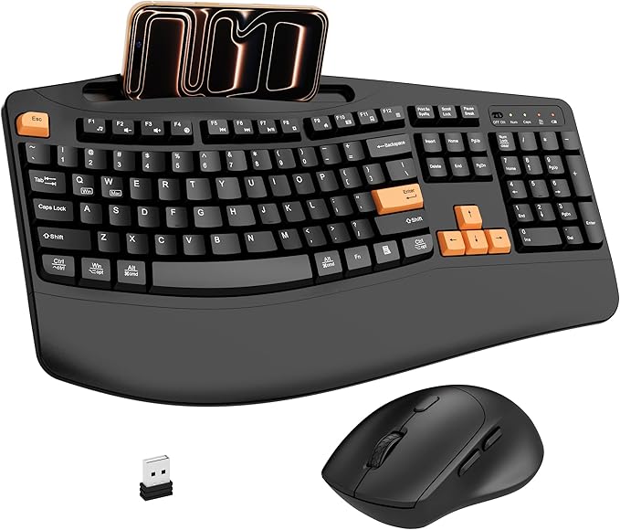 Wireless Keyboard and Mouse Combo, 2.4G Full Size Wave Keys Ergonomic Keyboard with Wrist Rest, Phone Holder, 3-Level DPI Wireless Silent Mouse with 6-Buttons, for Windows, Mac OS (Orange Black)