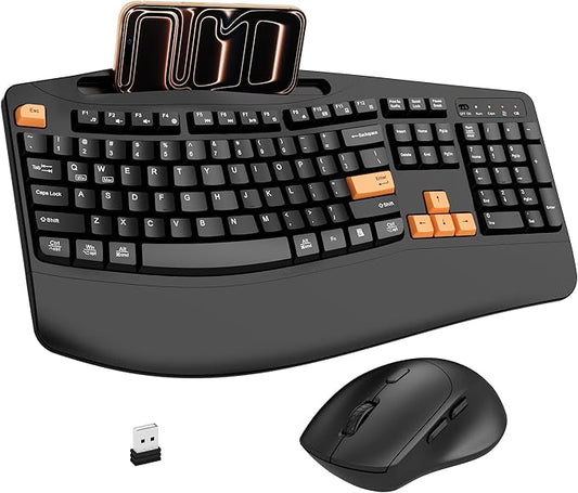 Wireless Keyboard and Mouse Combo, 2.4G Full Size Wave Keys Ergonomic Keyboard with Wrist Rest, Phone Holder, 3-Level DPI Wireless Silent Mouse with 6-Buttons, for Windows, Mac OS (Orange Black)